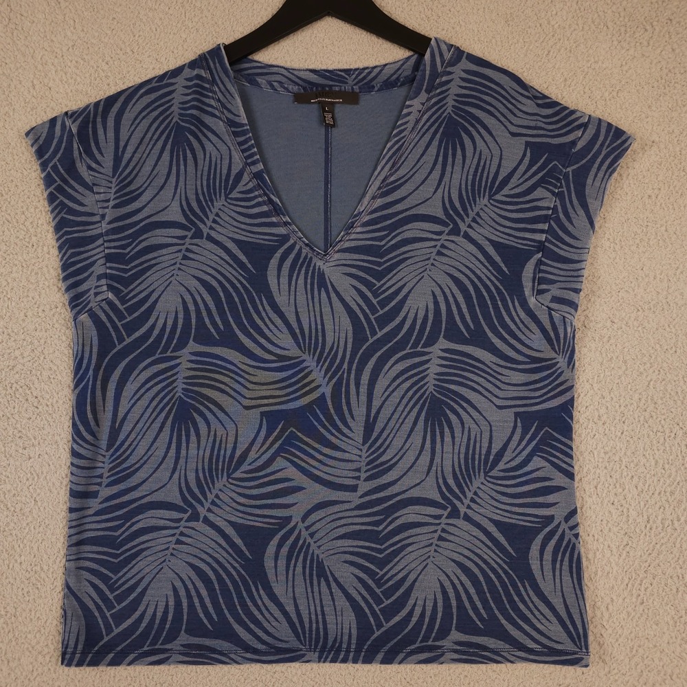 White House Black Market Shirt Womens Large Washed Blue Palm Print Dolman Sleeve